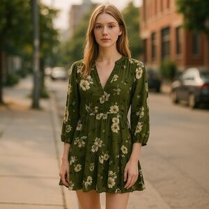 Vince Camuto olive floral print lined long sleeve dress with semi-sheer sleeves